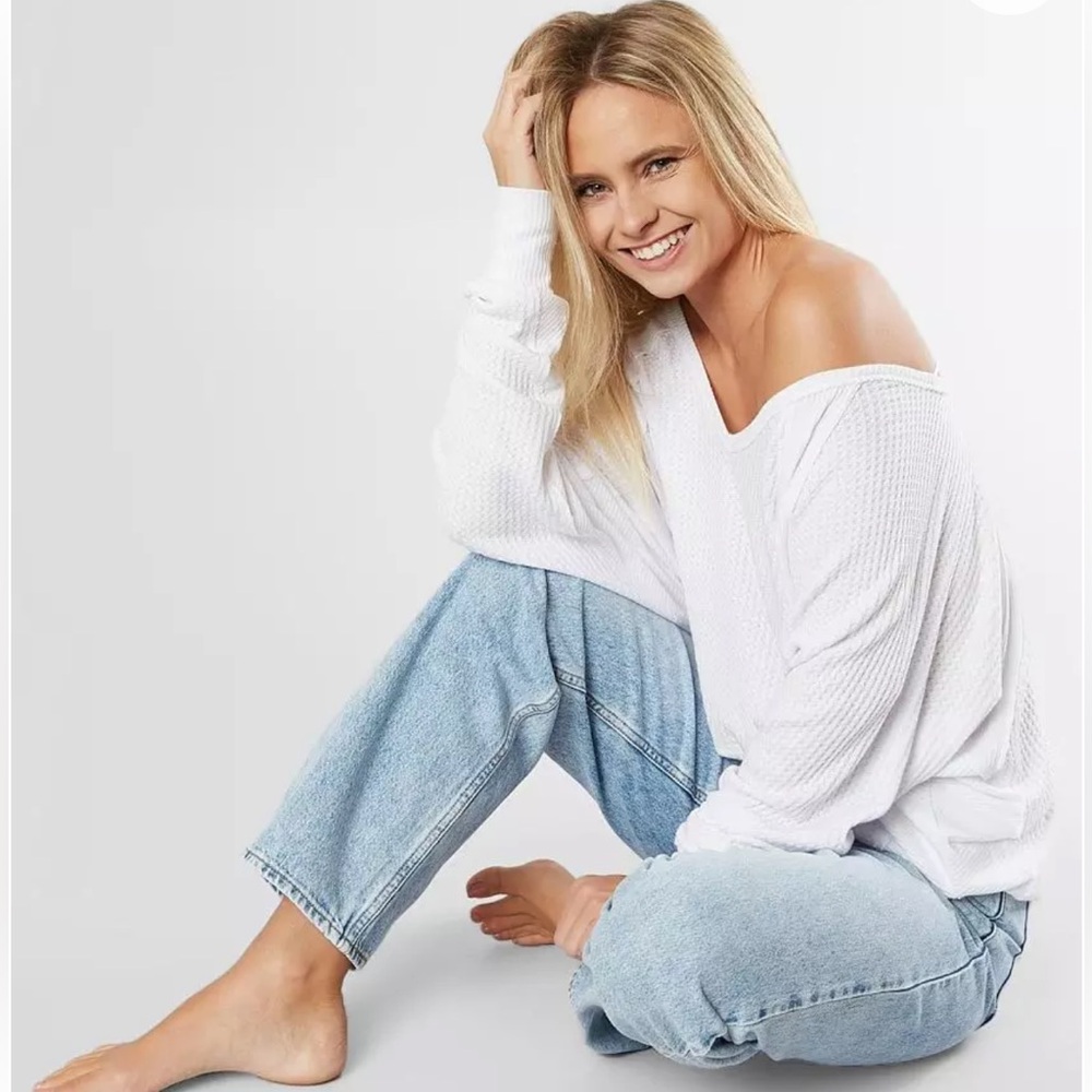 Free People Santa Clara Thermal Top L Oversized Waffle Knit Cream Slouchy Boho